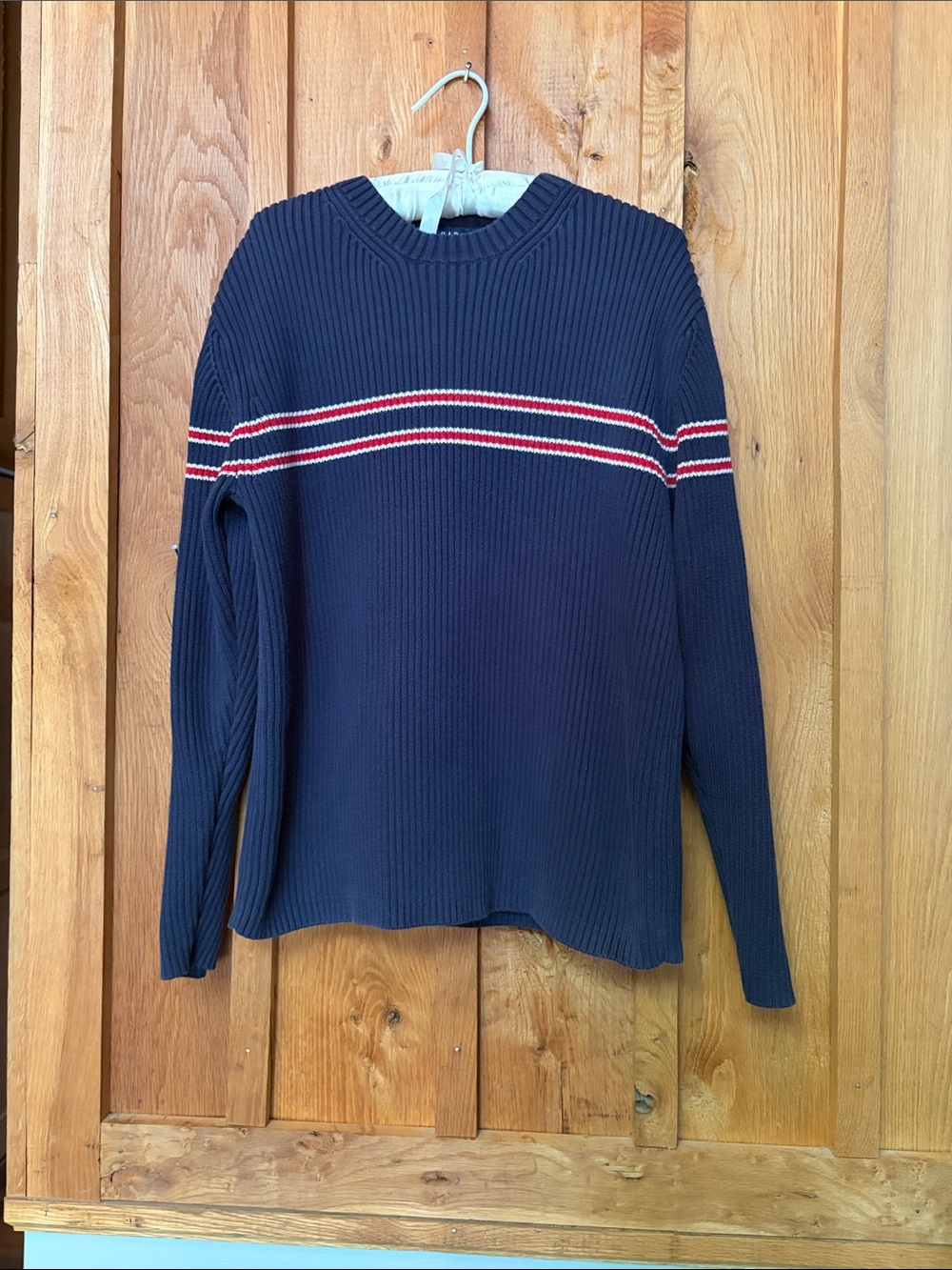 GAP Navy Crewneck Knit Ribbed Sweater with Red & White Chest Stripes, Large
